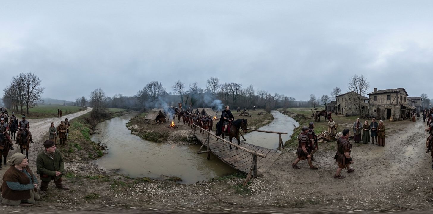 360° scene from Julius Caesar Crosses the Rubicon River Entering Italy