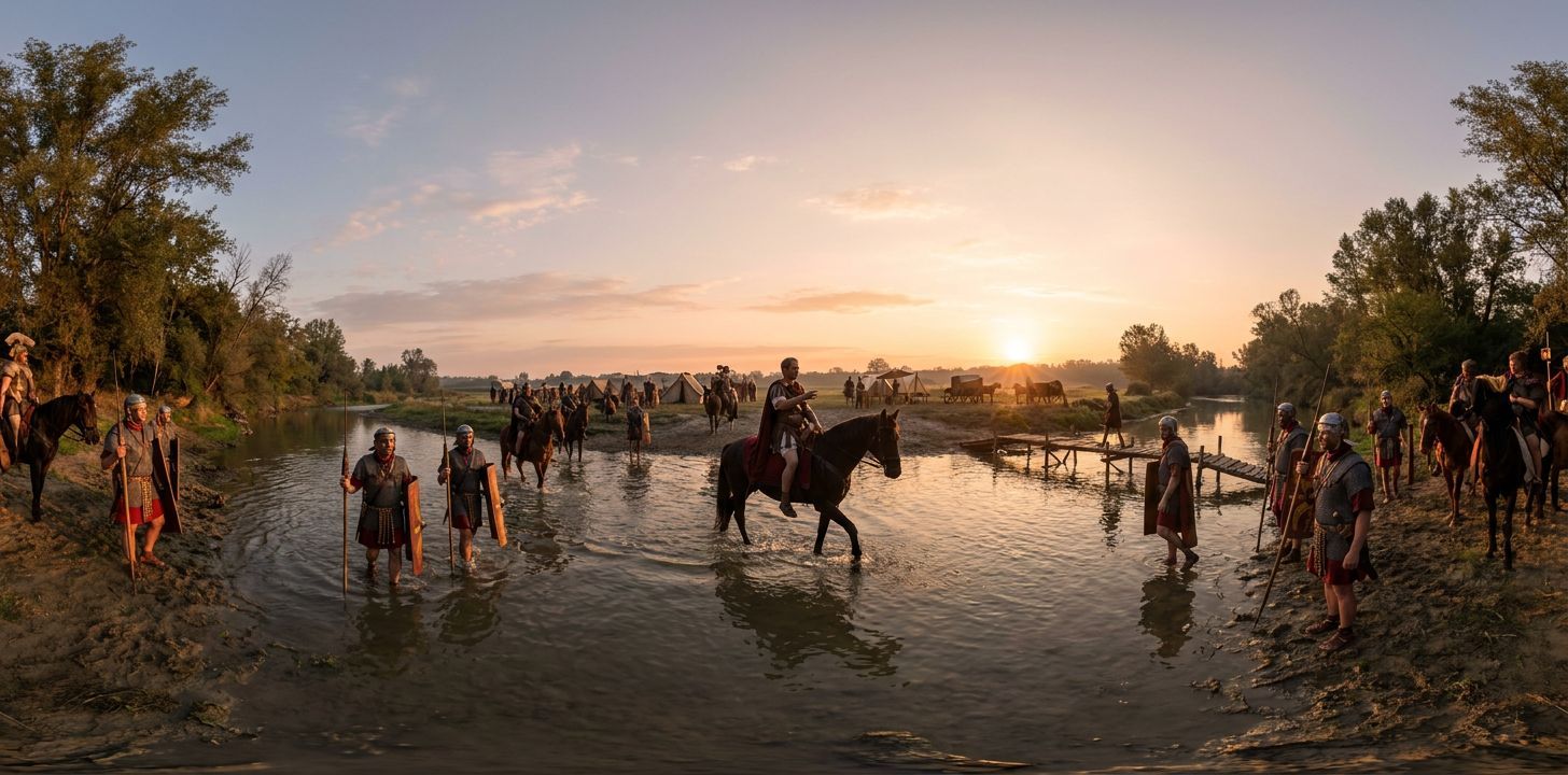 360° scene from Julius Caesar crosses the Rubicon at dawn