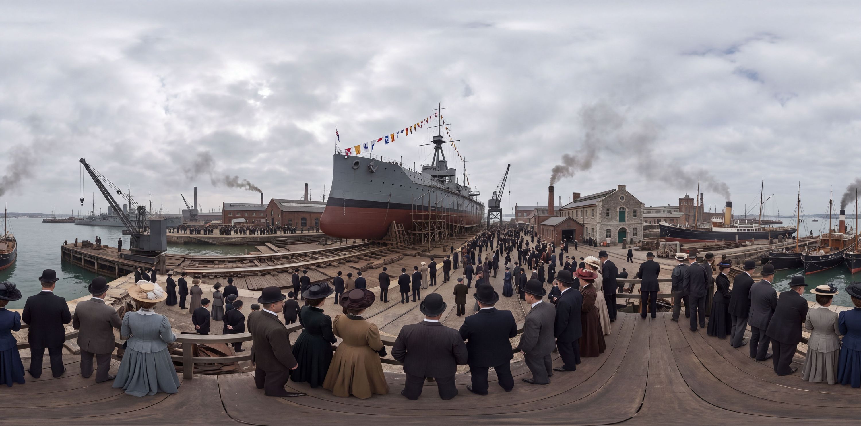 360° scene from HMS Dreadnought launches at Portsmouth Dockyard