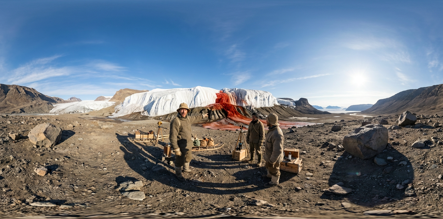 360° scene from Discovery of Blood Falls in Taylor Valley