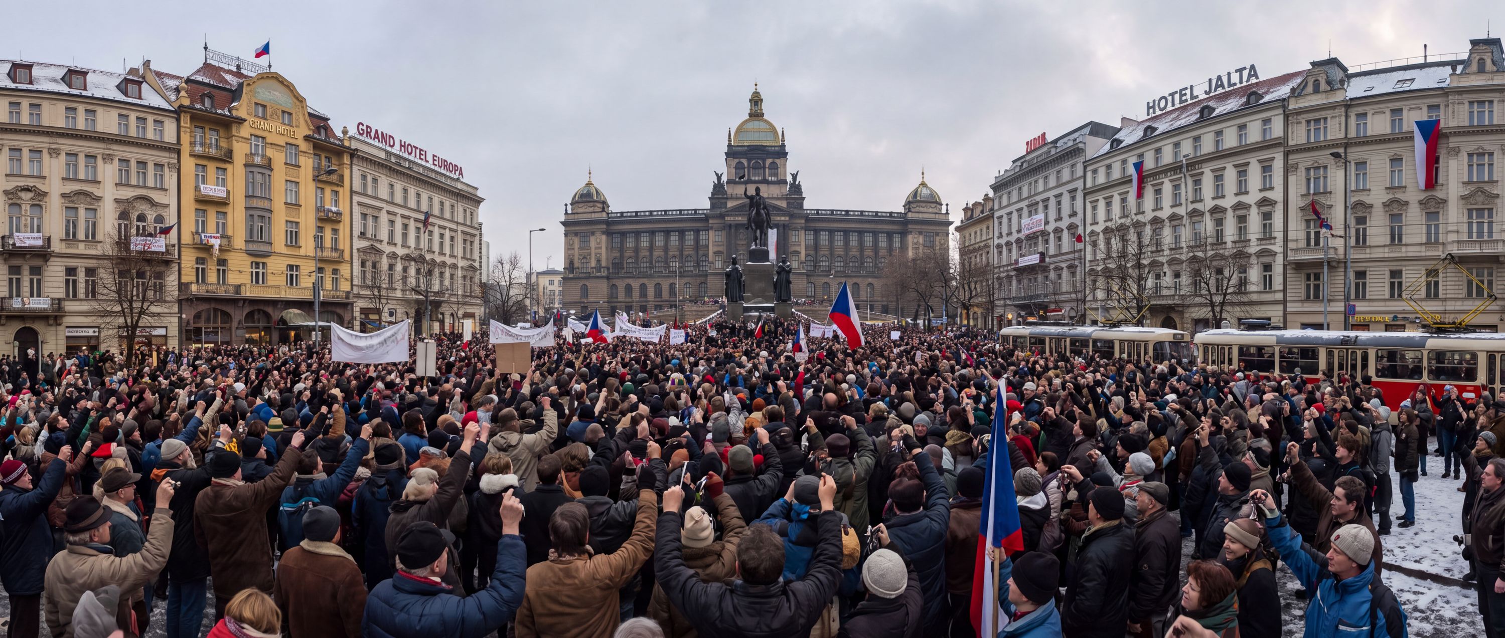 360° scene from Velvet Revolution Protests in Wenceslas Square