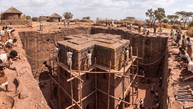 Carving the Rock-Hewn Churches — scene from the August 3, 2026 daily challenge