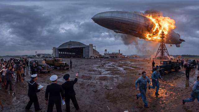 Hindenburg Disaster at Lakehurst Naval Air Station — scene from the August 4, 2026 daily challenge
